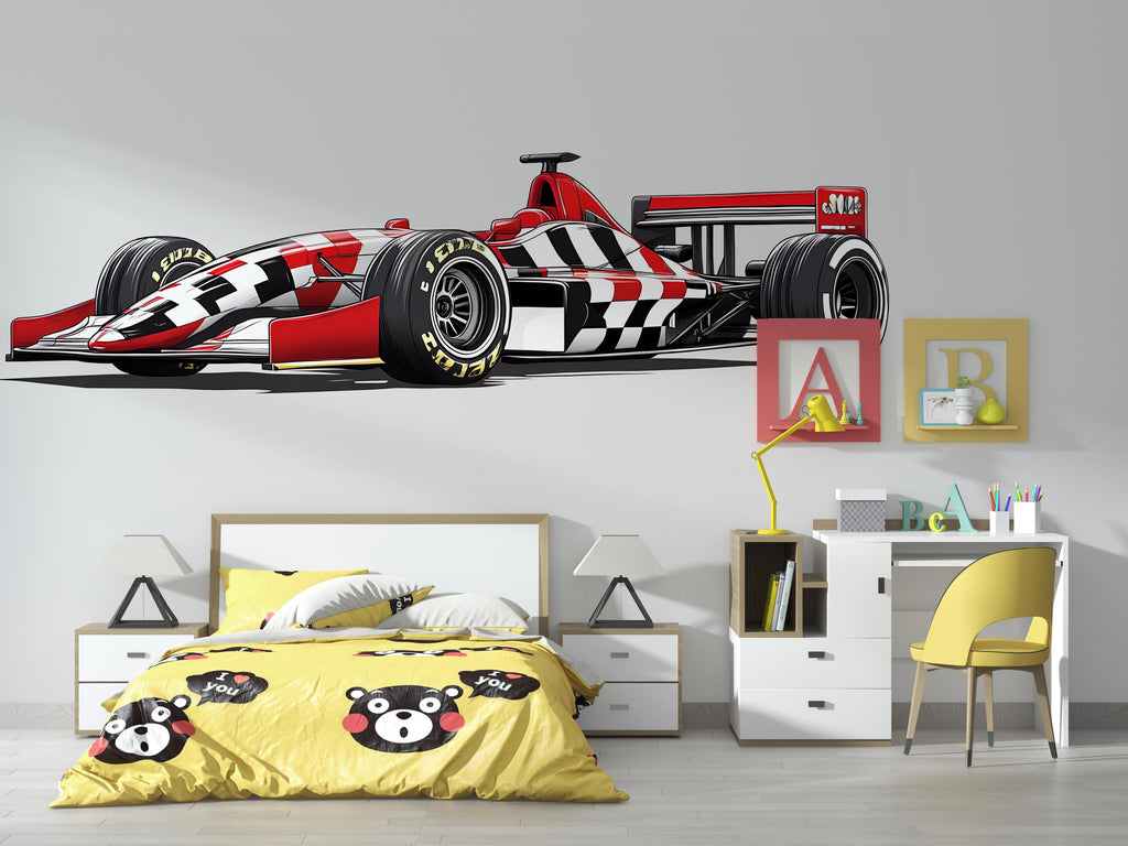 Checkered Formula Race Car Wall Mural Kids Room Racing Car Decor 270mv