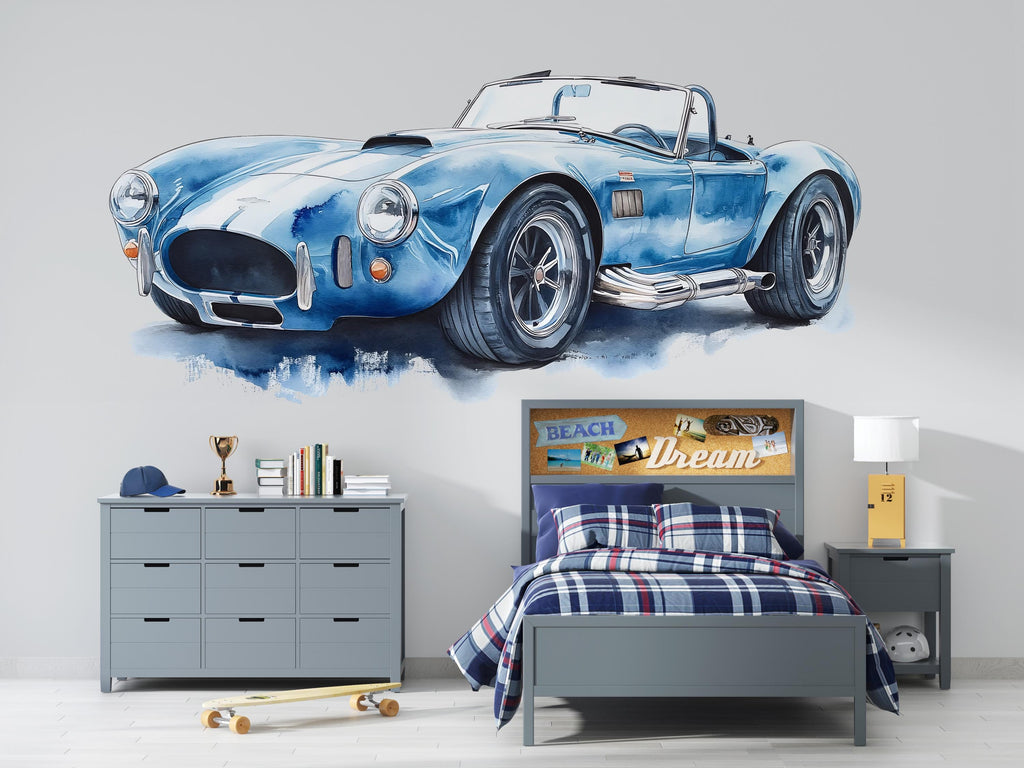 Blue Classic Car Wall Mural Watercolor Sports Car Kids Room Decor 275mv