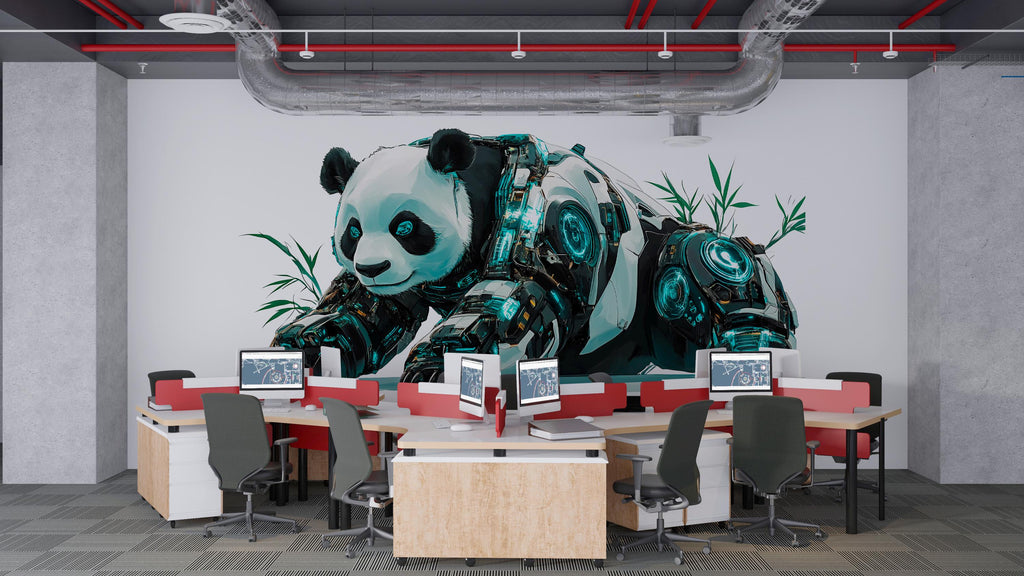 Cyber Panda Wall Decal Futuristic Panda Wall Art Sticker, Giant Panda Office Decor, Tech Animal Wall Decal, Modern Workspace Wall Art