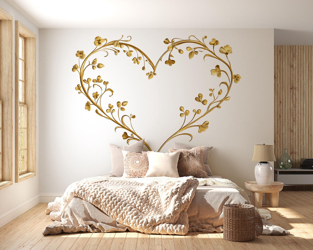 Gold Floral Heart Wall Decal – Romantic Bedroom Wall Art, Elegant Love Heart Wall Decor, Minimalist Nursery & Wedding Decor 301mv