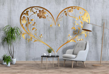 Load image into Gallery viewer, Gold Floral Heart Headboard Wall Decal – Romantic Bedroom Wall Art, Elegant Gold Heart Wall Decor for Modern Bedroom 302mv
