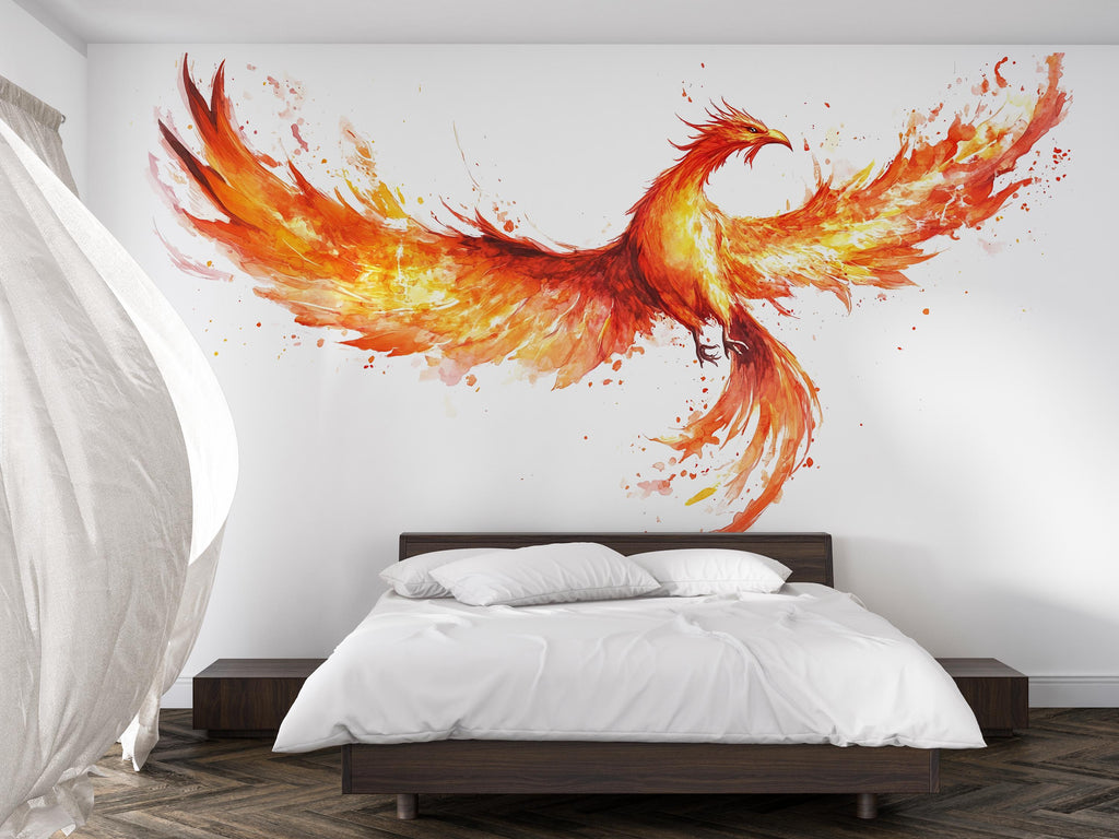 Phoenix Wall Decal – Fire Phoenix Wall Art, Mythical Bird Wall Sticker, Fantasy Living Room & Bedroom Decor 307mv