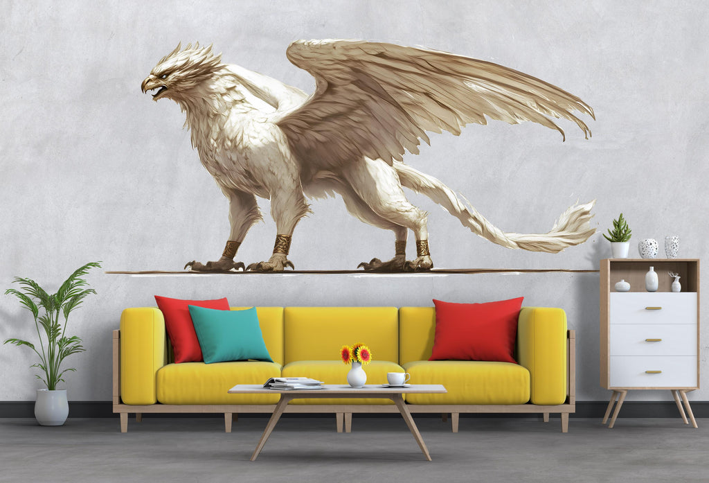 White Griffin Wall Decal – Mythical Griffin Wall Art, Fantasy Creature Wall Sticker, Living Room & Bedroom Decor 309mv