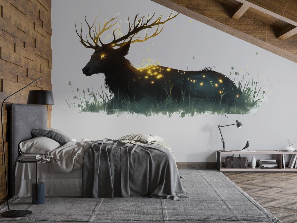 Glowing Stag Wall Decal – Mystical Deer Wall Art, Fantasy Nature Wall Sticker, Bedroom Statement Decor 316mv