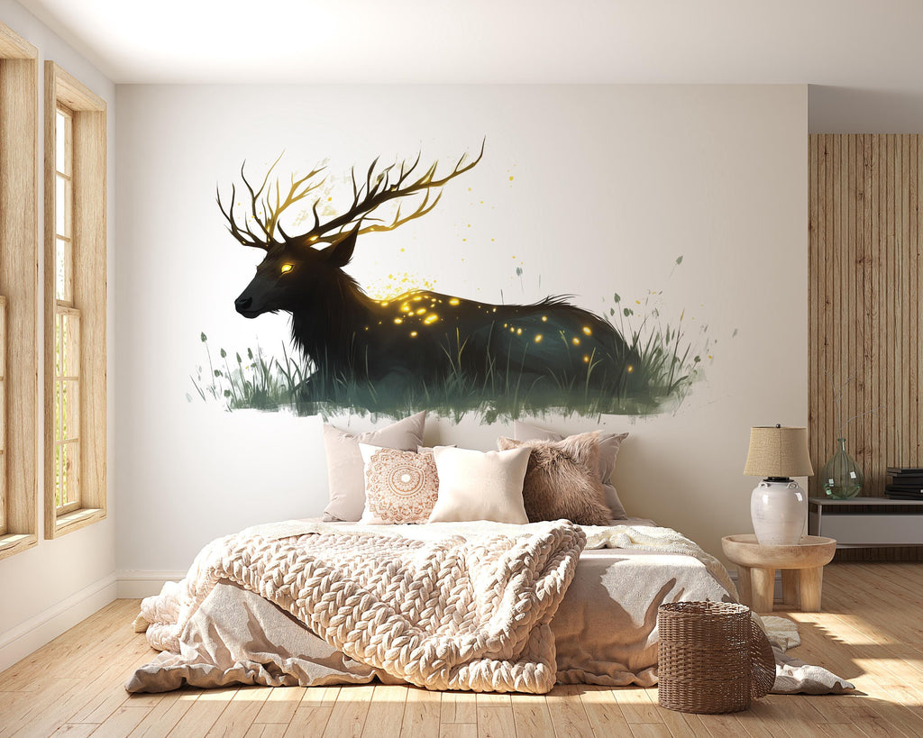 Glowing Stag Wall Decal – Mystical Deer Wall Art, Fantasy Nature Wall Sticker, Bedroom Statement Decor 316mv