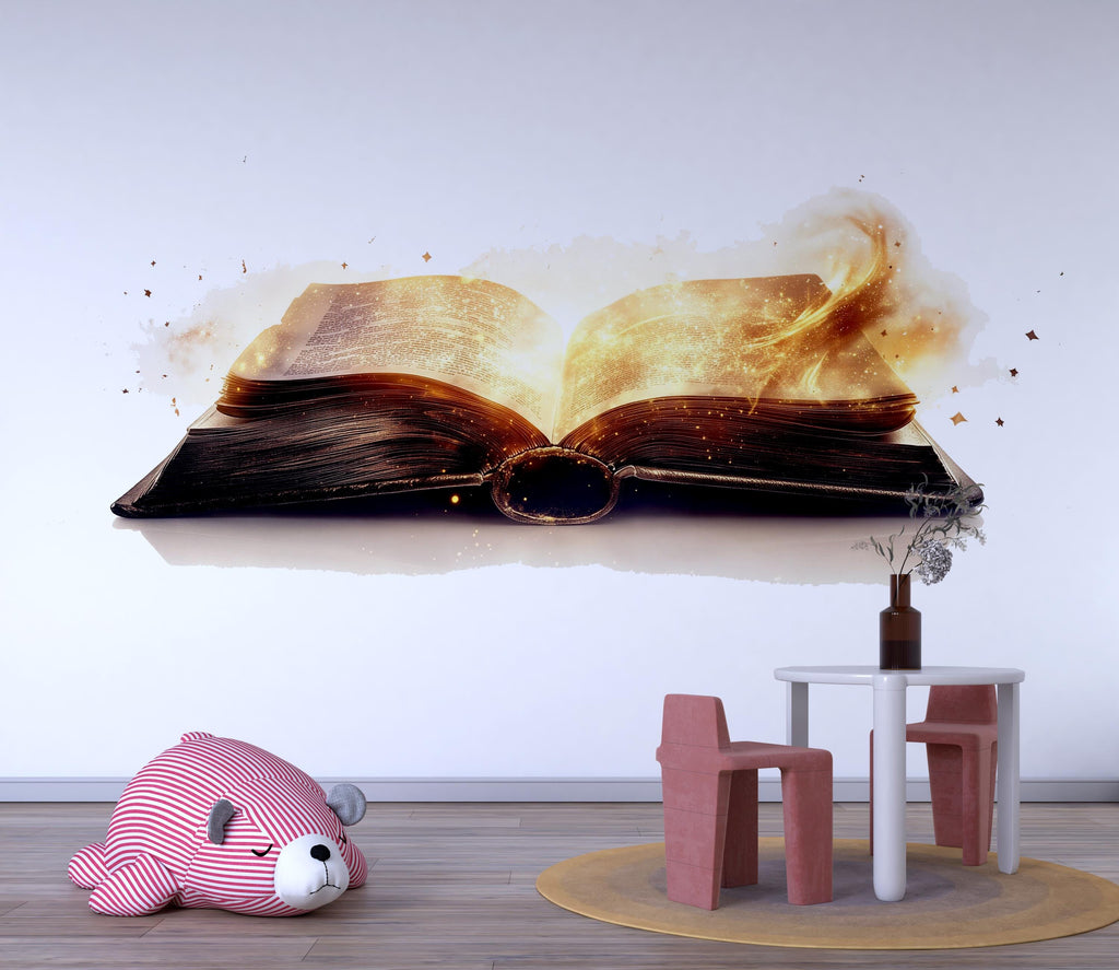 Magic Book Wall Decal – Glowing Open Book Wall Art, Fantasy Reading Nursery Wall Sticker 320mv