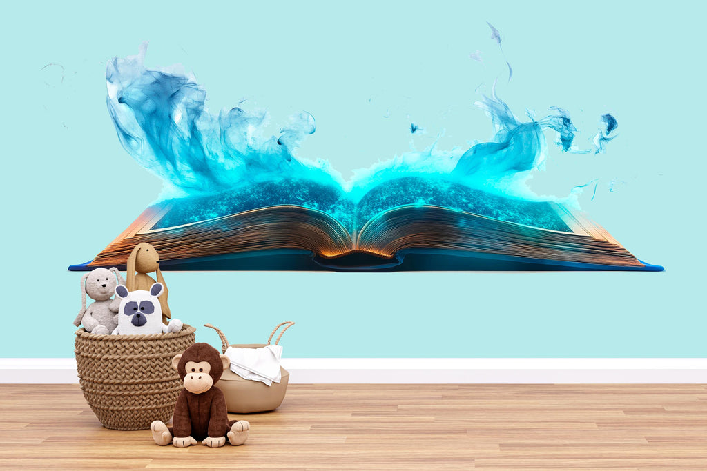 Magic Book Wall Decal – Blue Glowing Open Book Wall Art, Fantasy Reading Nursery Decor 321mv