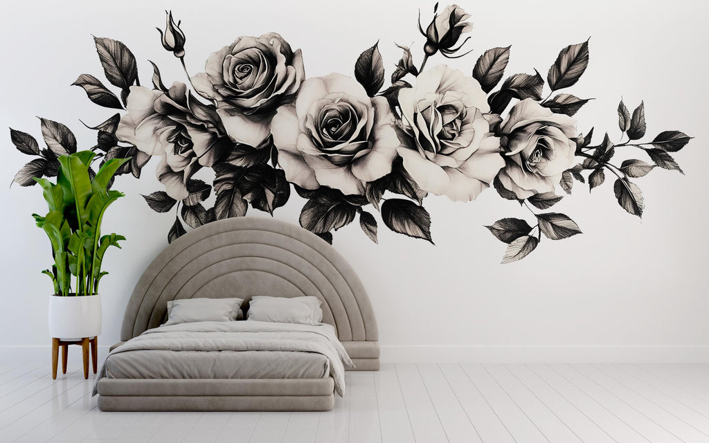 Black White Rose Wall Mural Floral Rose Wallpaper Elegant Bedroom Decor 331mv