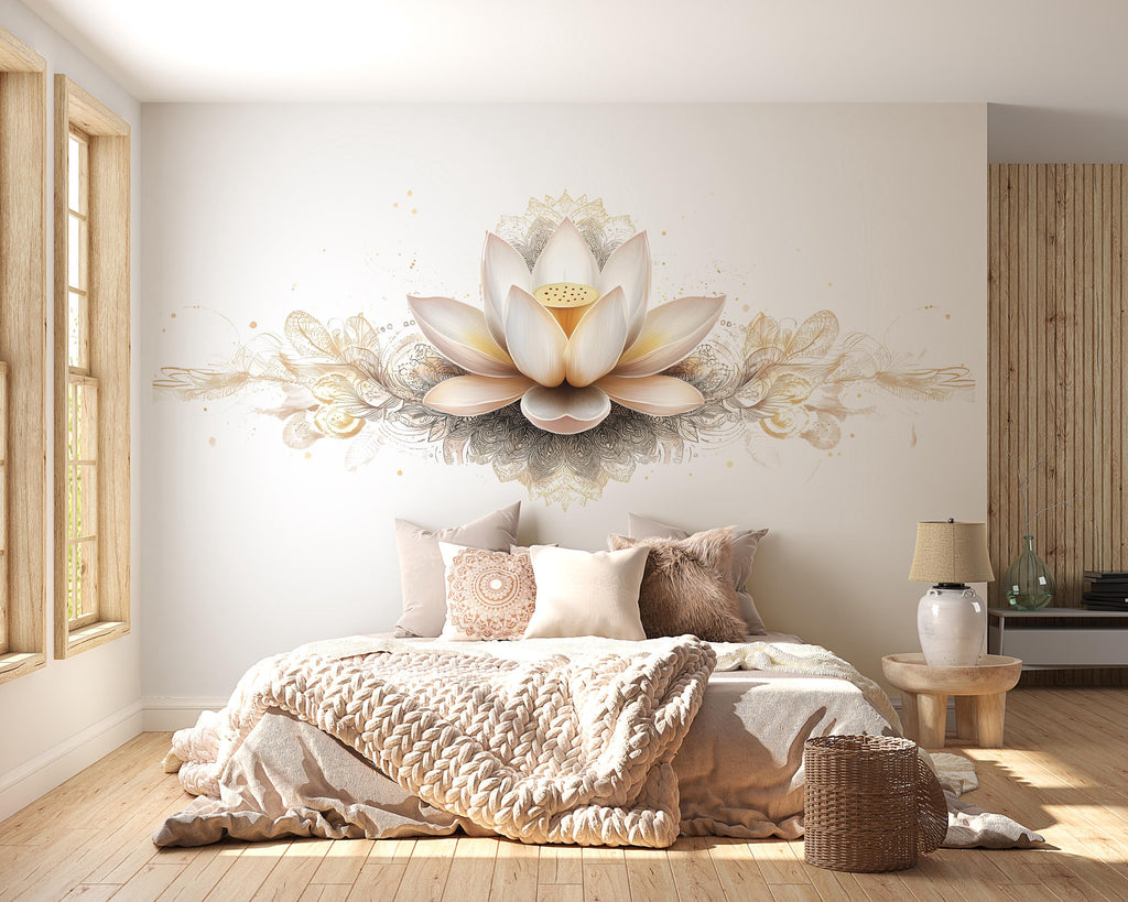 Lotus Flower Wall Mural Boho Floral Wallpaper Zen Bedroom Decor 341mv