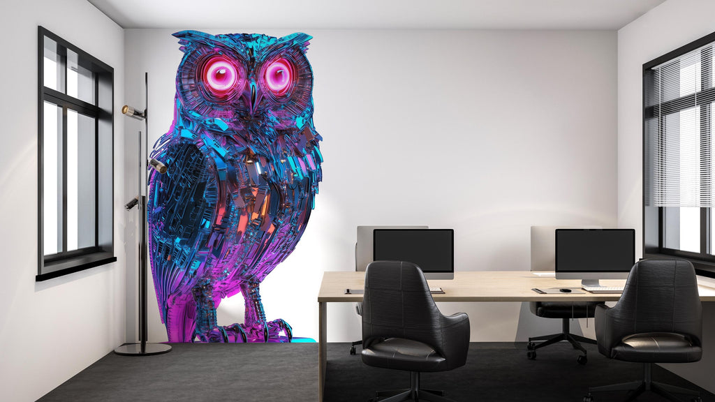 Robotic Owl Wall Art Neon Owl Mural Futuristic Decor 361mv