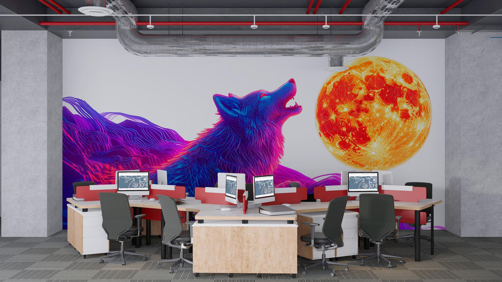 Neon Wolf Wall Art Howling Wolf Modern Digital Mural 367mv