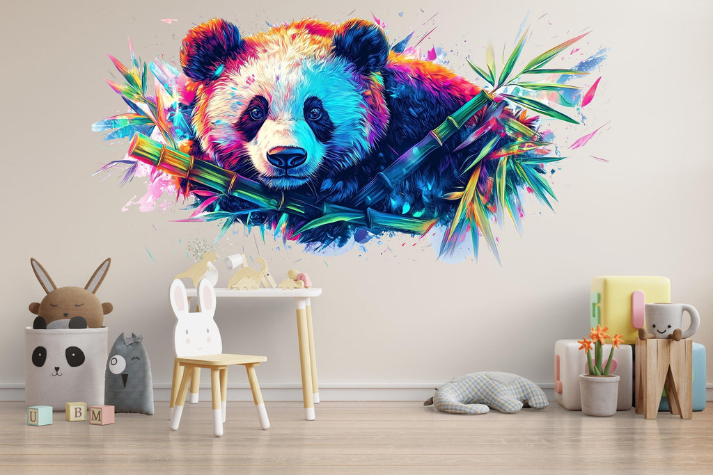Colorful Panda Wall Decal With Bamboo, Modern Nursery Wall Sticker, Vibrant Animal Art For Kids Room, Playroom Or Creative Home Decor