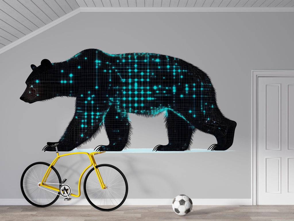 Futuristic Bear Wall Decal, Neon Grid Bear Wall Art, Modern Kids Room Wall Sticker, Animal Nursery Wall Decor, Cool Bear Wall Decal