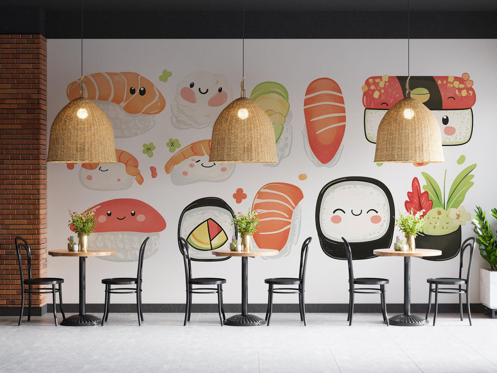 Cute Sushi Wall Decal, Kawaii Food Wall Art, Sushi Restaurant Wall Sticker, Japanese Food Wall Decor, Cafe Kitchen Wall Decal