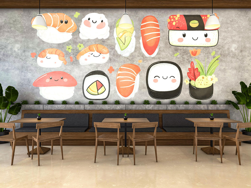 Cute Sushi Wall Decal, Kawaii Food Wall Art, Sushi Restaurant Wall Sticker, Japanese Food Wall Decor, Cafe Kitchen Wall Decal