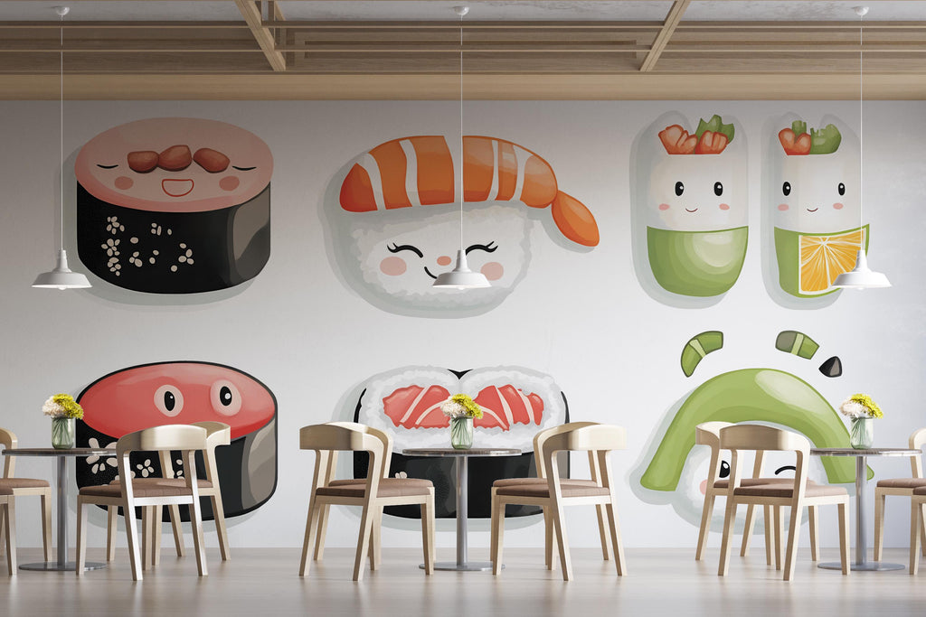 Cute Sushi Wall Decal, Kawaii Sushi Wall Art, Japanese Food Wall Sticker, Sushi Restaurant Decor, Cafe Dining Wall Decor