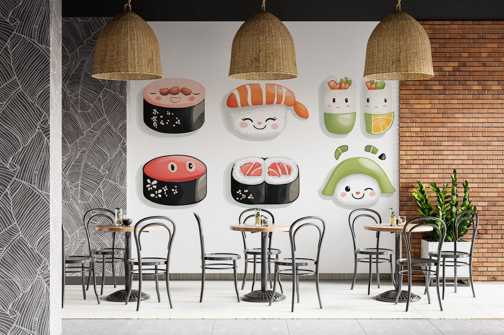 Cute Sushi Wall Decal, Kawaii Sushi Wall Art, Japanese Food Wall Sticker, Sushi Restaurant Decor, Cafe Dining Wall Decor