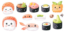 Load image into Gallery viewer, Cute Sushi Wall Decal, Kawaii Sushi Wall Art, Japanese Food Wall Sticker, Restaurant Wall Decor, Kitchen Sushi Wall Decal