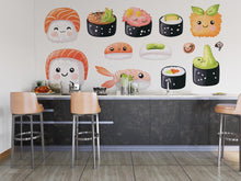 Load image into Gallery viewer, Cute Sushi Wall Decal, Kawaii Sushi Wall Art, Japanese Food Wall Sticker, Restaurant Wall Decor, Kitchen Sushi Wall Decal