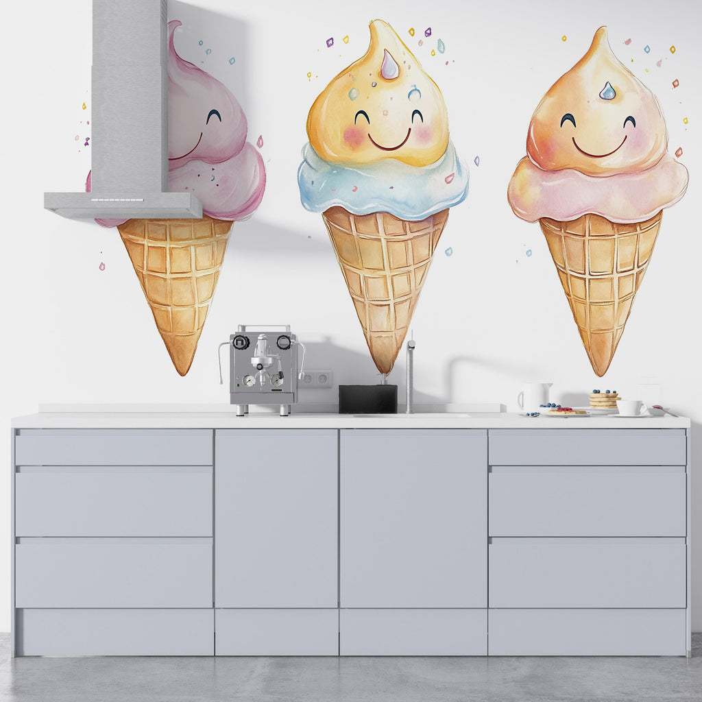 Cute Ice Cream Wall Decal, Smiling Ice Cream Cone Wall Art, Ice Cream Shop Wall Decor, Dessert Cafe Wall Sticker, Playful Food Wall Decal