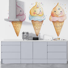 Load image into Gallery viewer, Cute Ice Cream Wall Decal, Smiling Ice Cream Cone Wall Art, Ice Cream Shop Wall Decor, Dessert Cafe Wall Sticker, Playful Food Wall Decal