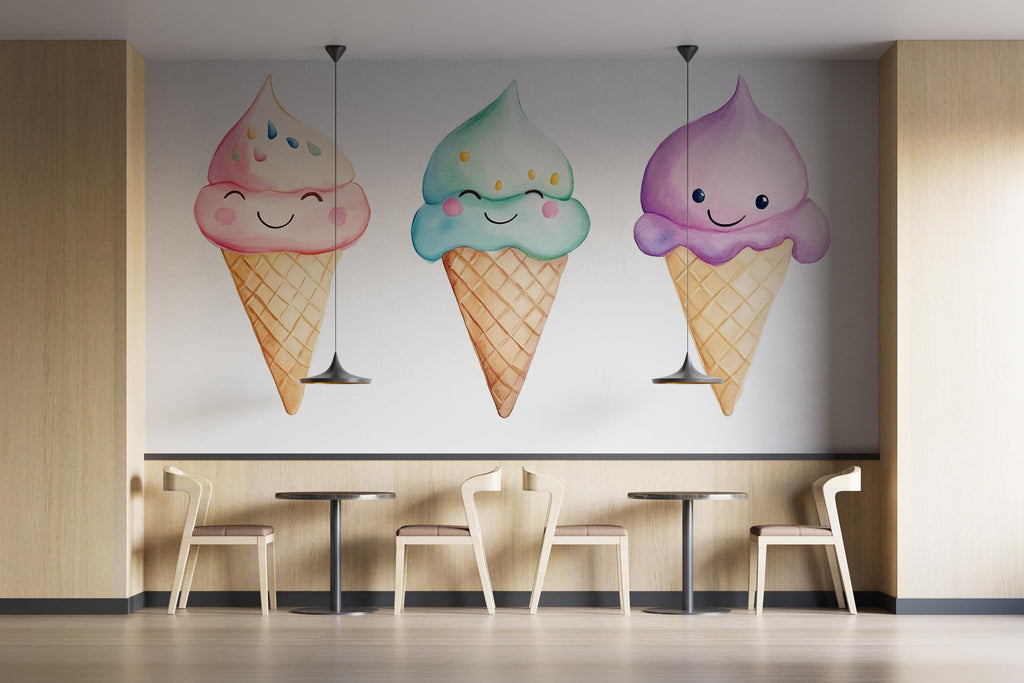 Cute Ice Cream Wall Decal, Smiling Ice Cream Cone Wall Art, Pastel Ice Cream Wall Sticker, Cafe Dessert Wall Decor, Kids Room Ice Cream