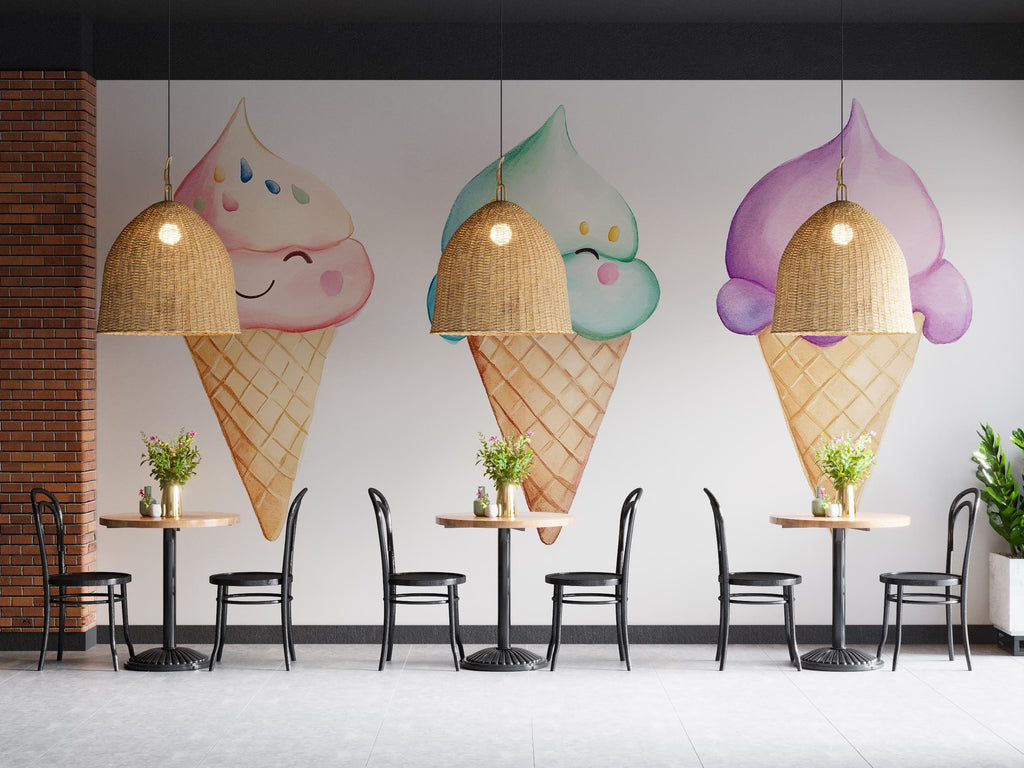 Cute Ice Cream Wall Decal, Smiling Ice Cream Cone Wall Art, Pastel Ice Cream Wall Sticker, Cafe Dessert Wall Decor, Kids Room Ice Cream