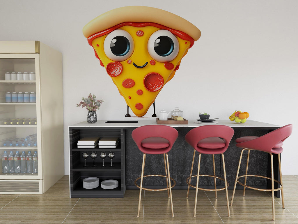 Cute Pizza Wall Decal, Smiling Pizza Slice Wall Sticker, Kawaii Pizza Wall Art, Kitchen Wall Decor, Restaurant Cafe Pizza Wall Decal