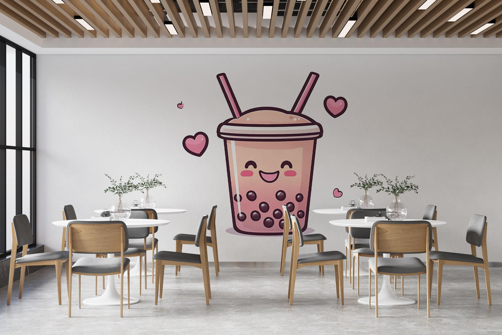Cute Bubble Tea Wall Decal, Kawaii Boba Tea Wall Sticker, Smiling Bubble Tea Wall Art, Cafe Wall Decor, Drink Shop Wall Decal