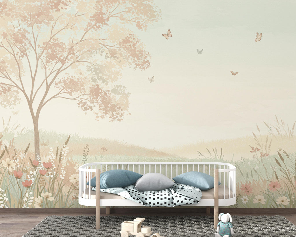 Blush Meadow Luxury Wallpaper Seamless Pattern, Romantic Watercolor Floral Landscape, Soft Pastel Wildflower Design for Elegant Interiors