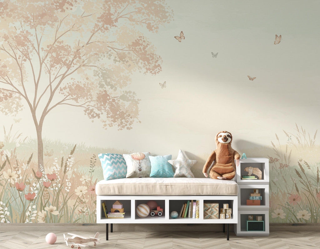 Blush Meadow Luxury Wallpaper Seamless Pattern, Romantic Watercolor Floral Landscape, Soft Pastel Wildflower Design for Elegant Interiors