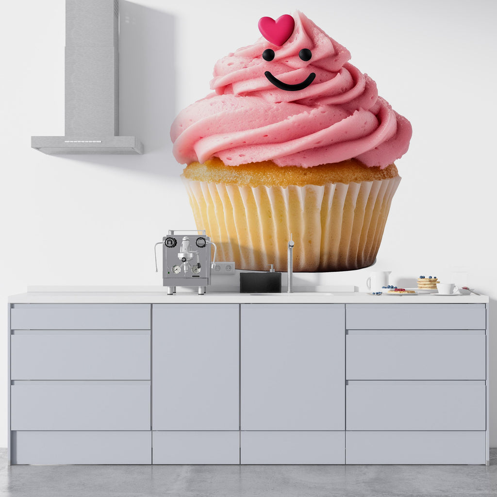 Cute Cupcake Wall Decal, Kawaii Cupcake Wall Sticker, Smiling Cupcake Wall Art, Bakery Cafe Decor, Dessert Kitchen Wall Decal