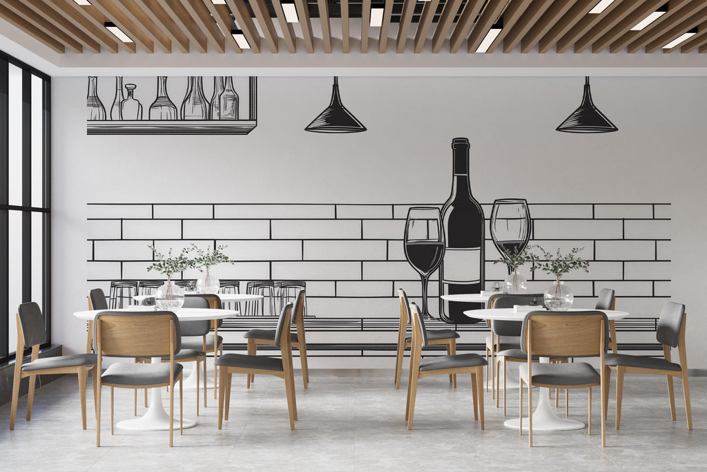 Wine Bar Wall Decal Line Art, Restaurant Wine Wall Art, Modern Wine Bottle And Glass Mural, Cafe Bar Wall Sticker, Minimalist Wine Decor