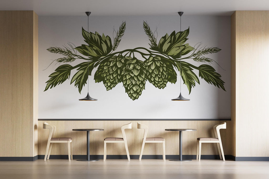 Hops Wall Decal Brewery Decor, Botanical Hop Cone Wall Art, Craft Beer Restaurant Mural, Modern Greenery Bar Wall Sticker