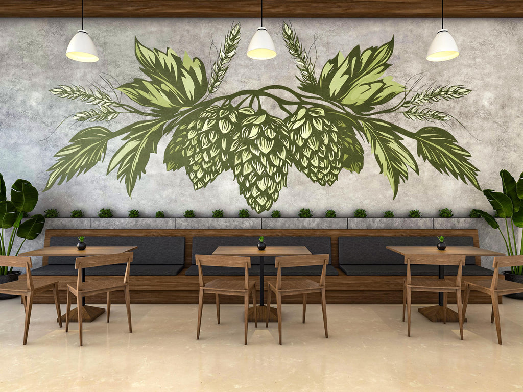 Hops Wall Decal Brewery Decor, Botanical Hop Cone Wall Art, Craft Beer Restaurant Mural, Modern Greenery Bar Wall Sticker