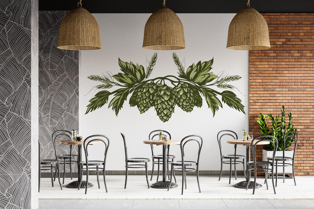 Hops Wall Decal Brewery Decor, Botanical Hop Cone Wall Art, Craft Beer Restaurant Mural, Modern Greenery Bar Wall Sticker
