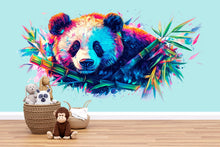 Load image into Gallery viewer, Colorful Panda Wall Art, Panda Bamboo Mural, Nursery Animal Wall Decor, Kids Room Panda Art, Modern Wildlife Print 377mv