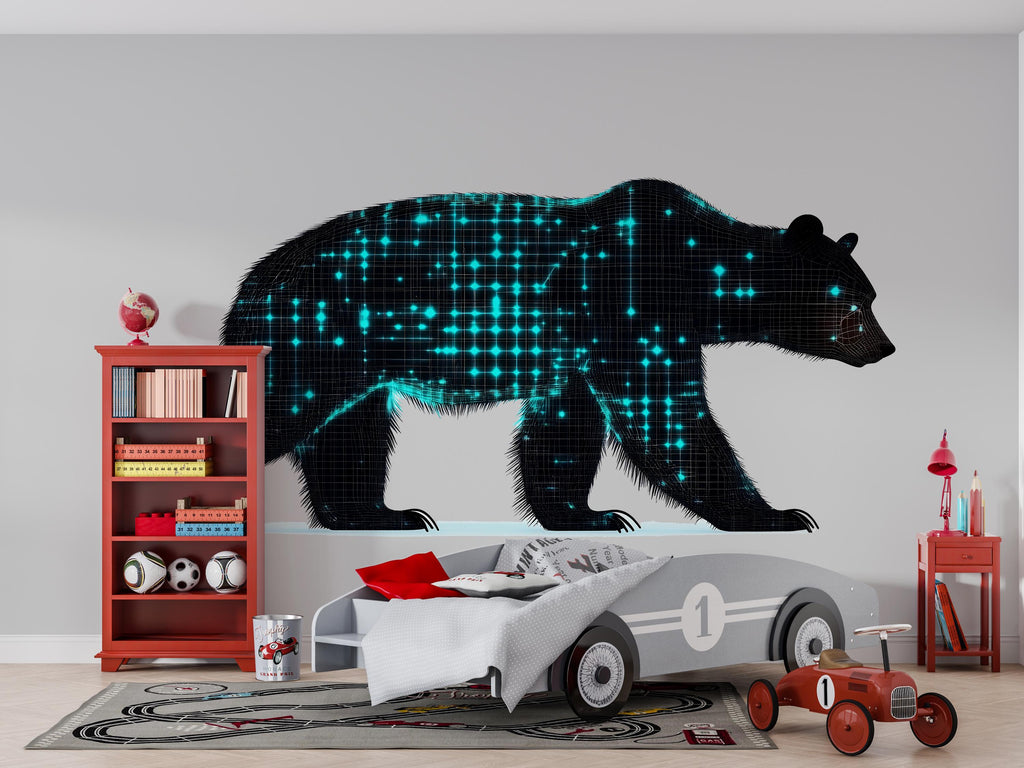 Digital Bear Wall Art, Modern Bear Mural, Tech Animal Wall Art, Kids Room Bear Decor, Futuristic Nursery Art 379mv