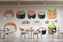 Load image into Gallery viewer, Cute Sushi Wall Mural Kawaii Food Wall Art Japanese Cafe Kitchen Decor 383mv