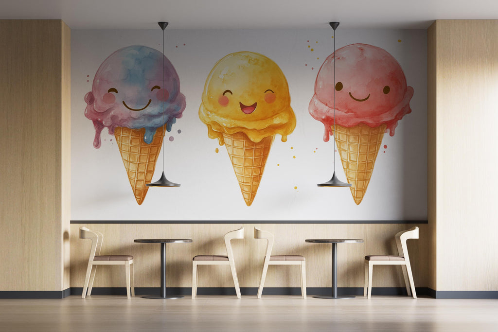 Cute Ice Cream Wall Mural Smiling Ice Cream Cafe Wall Art Dessert Decor 385mv