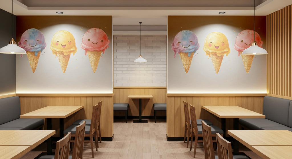 Cute Ice Cream Wall Mural Smiling Ice Cream Cafe Wall Art Dessert Decor 385mv