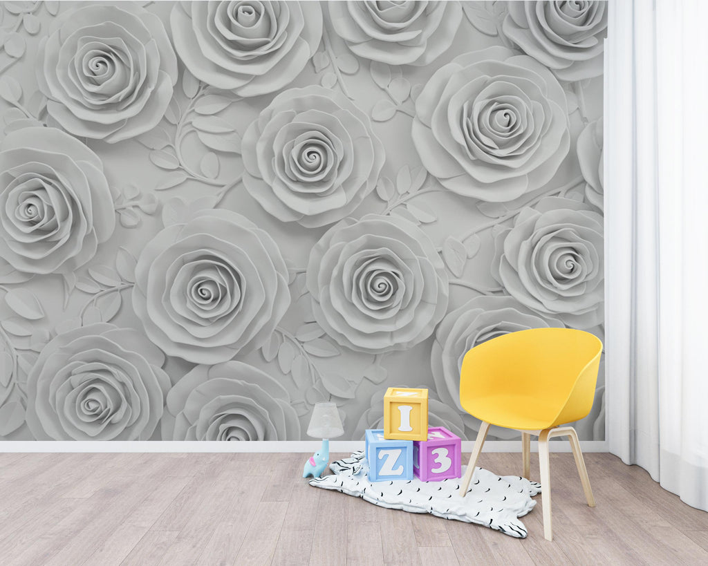 3D White Plaster Rose Wallpaper Sculpture – High Relief Floral Bas-Relief, Classical Romantic Wall Art, Luxury Monochrome Botanical Decor