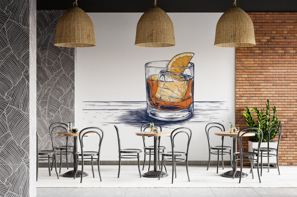 Hand Drawn Whiskey Wall Decal, Old Fashioned Cocktail Wall Art, Sketch Style Bar Mural, Restaurant Lounge Wall Sticker