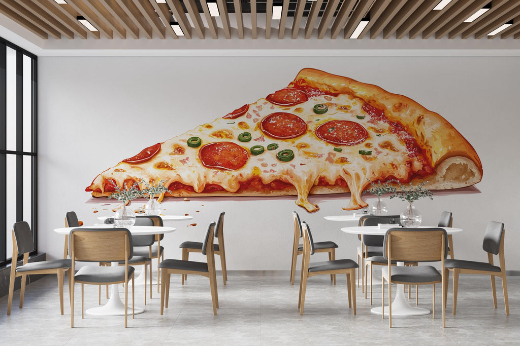 Cheesy Pizza Slice Wall Decal, Pepperoni Pizza Wall Art, Pizzeria Restaurant Mural, Food Illustration Wall Sticker