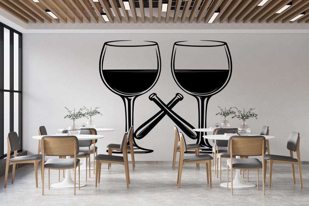 Wine Glass Wall Decal, Minimal Wine Bar Wall Art, Restaurant Wall Sticker, Modern Wine Mural Decor