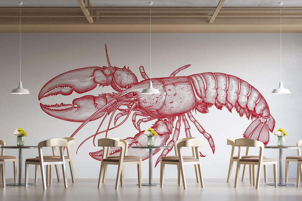 Vintage Lobster Wall Decal Red Lobster Illustration Wall Sticker Nautical Seafood Kitchen Restaurant Cafe Coastal Wall Art