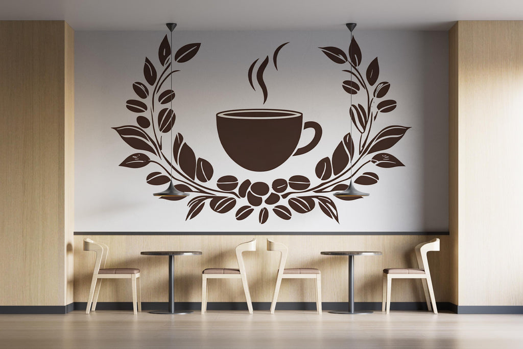 Coffee Cup Wall Decal Coffee Branch Wall Sticker Cafe Wall Art Coffee Shop Kitchen Decor Modern Coffee Wall Art