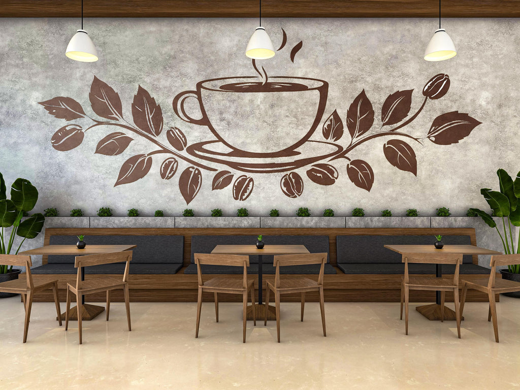 Coffee Cup Wall Decal Coffee Leaves Wall Sticker Cafe Wall Art Coffee Shop Kitchen Decor Modern Coffee Wall Art