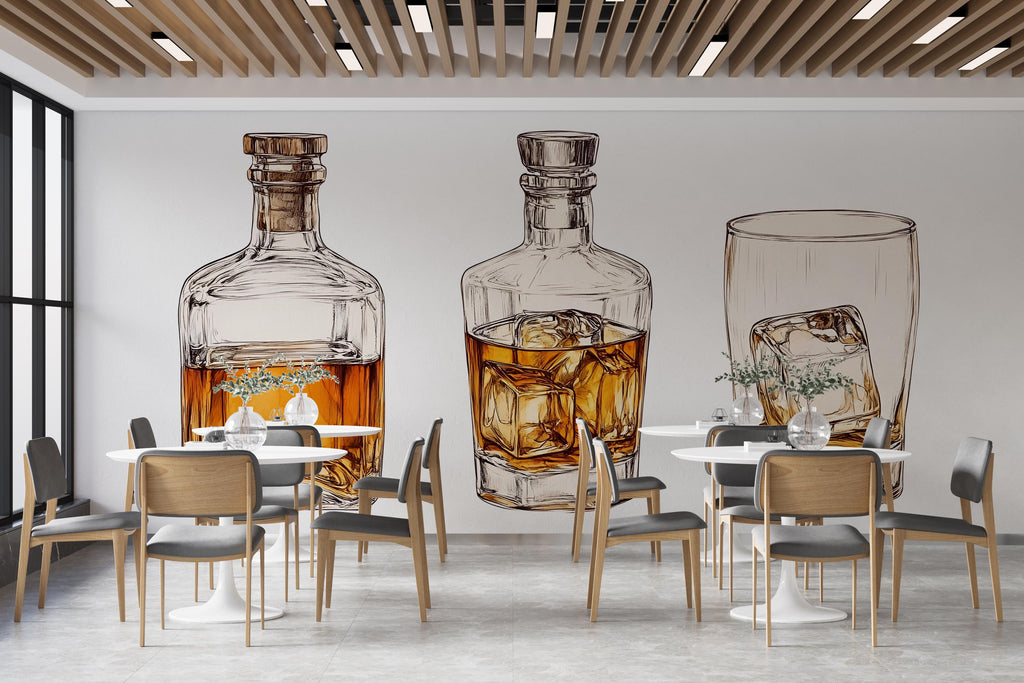 Whiskey Wall Decal Bar Wall Sticker Whiskey Bottle Glass Wall Art Bar Decor Restaurant Man Cave Wall Decor