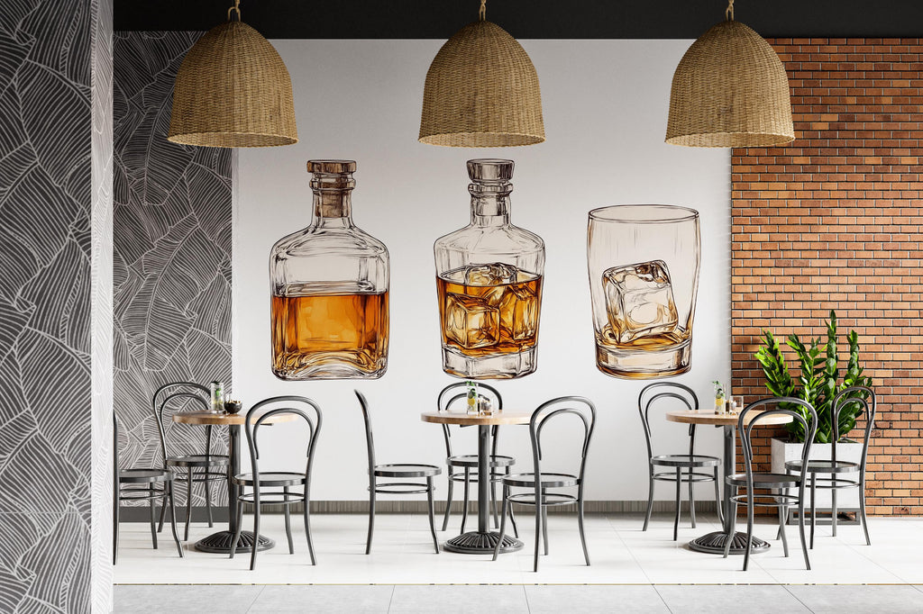 Whiskey Wall Decal Bar Wall Sticker Whiskey Bottle Glass Wall Art Bar Decor Restaurant Man Cave Wall Decor